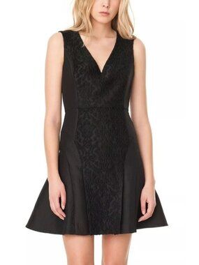 Tibi Size 8 Black Virgin Wool Worth Embroidered V-Neck Fit & Flare Mini Dress